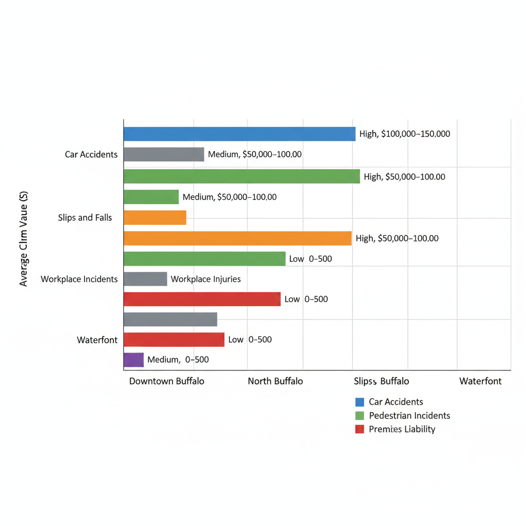 Horizontal bar chart of injury claim values by type and Buffalo neighborhood