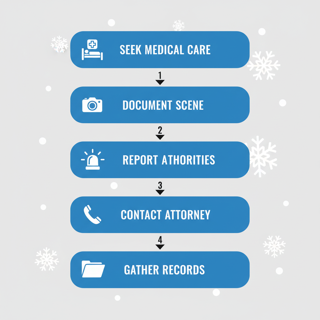 Vertical process flow illustrating five steps for starting a Buffalo injury claim: seek medical care, document the scene, report to authorities, contact an attorney, and gather records with relevant icons.