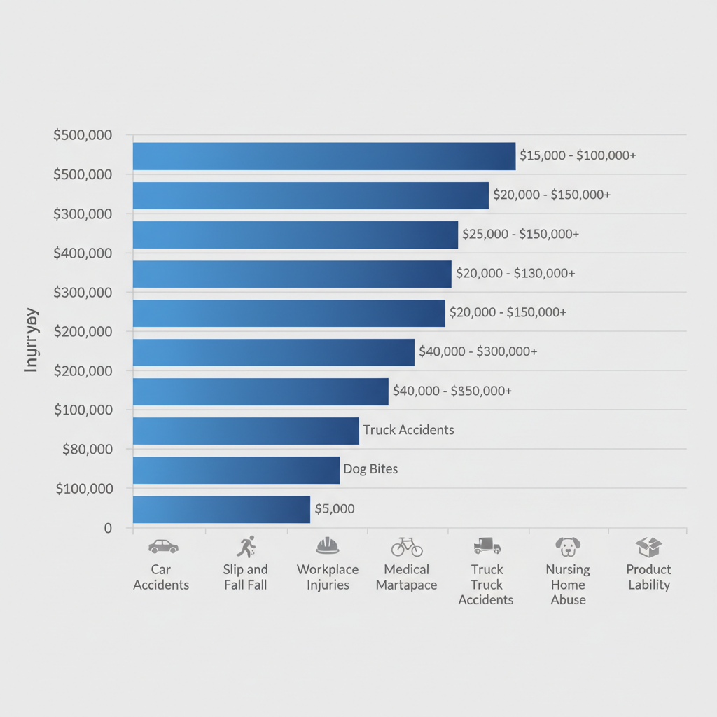 Horizontal bar chart comparing average settlement ranges for common personal injury types in Oklahoma City, including car accidents, slip and fall, and medical malpractice.