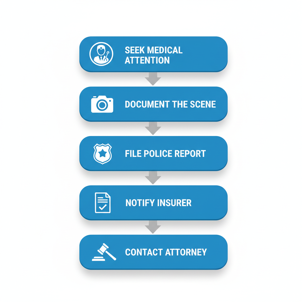 Vertical process flow diagram outlining five key steps after a personal injury in Oklahoma City with icons and brief descriptions