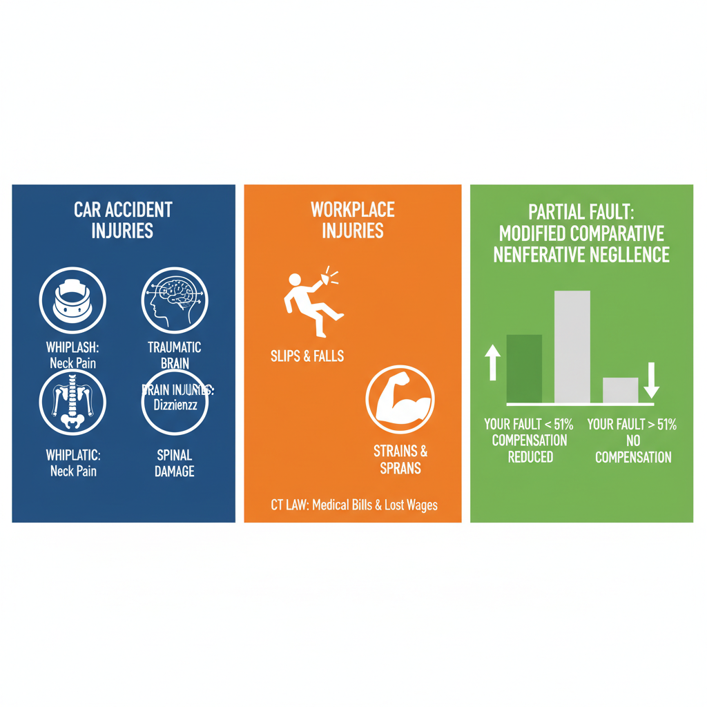 Infographic depicting common personal injuries in Hartford: car accident injuries, workplace incidents, and partial fault rules with icons and minimal labels.