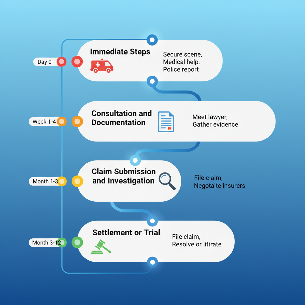 Vertical timeline illustrating the personal injury claims process in Hartford, Connecticut, with four key milestones marked by icons and dates.