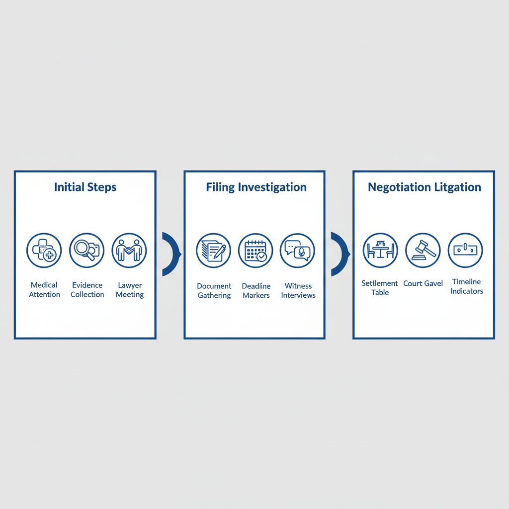 Horizontal process flow diagram illustrating the three main phases of a personal injury claim in Pennsylvania