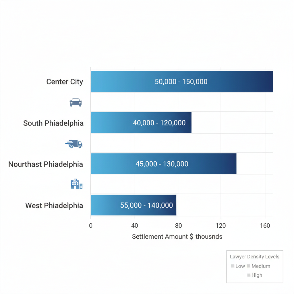 Horizontal bar chart comparing average personal injury settlement ranges by Philadelphia neighborhood with icons for common injury types.