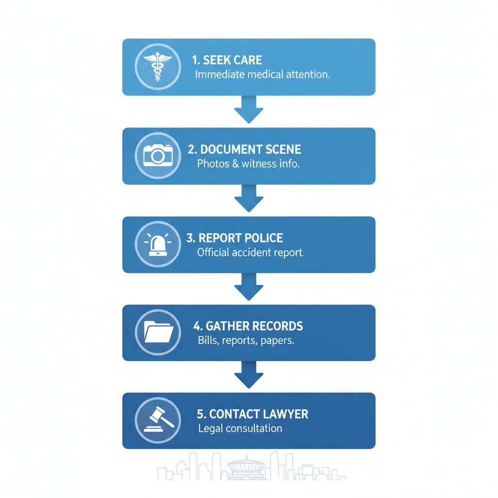Vertical process flow diagram illustrating five key steps to initiate a personal injury claim in New Orleans: seeking medical care, documenting the scene, reporting to authorities, gathering records, and contacting a lawyer.