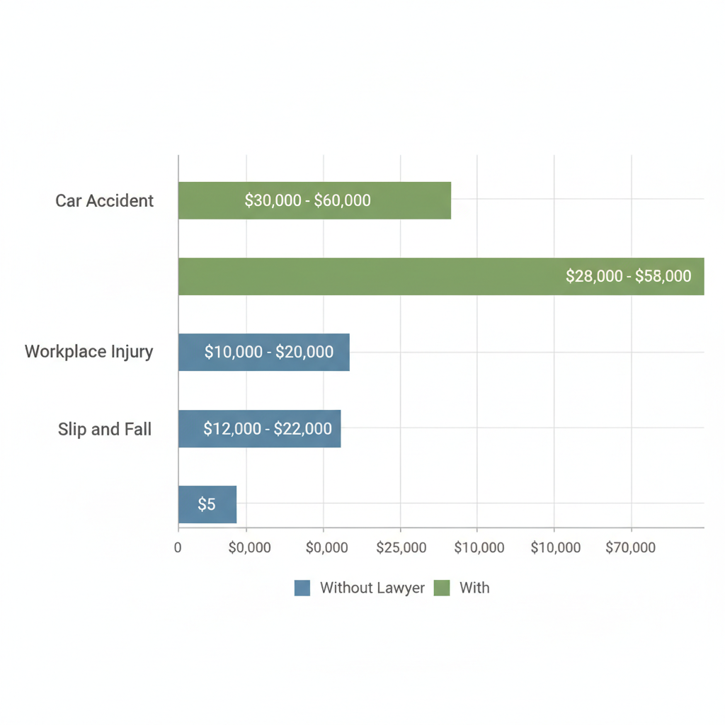 Horizontal bar chart showing higher personal injury settlements in Baton Rouge when hiring a lawyer versus without, for car accidents, workplace injuries, and slip and falls.