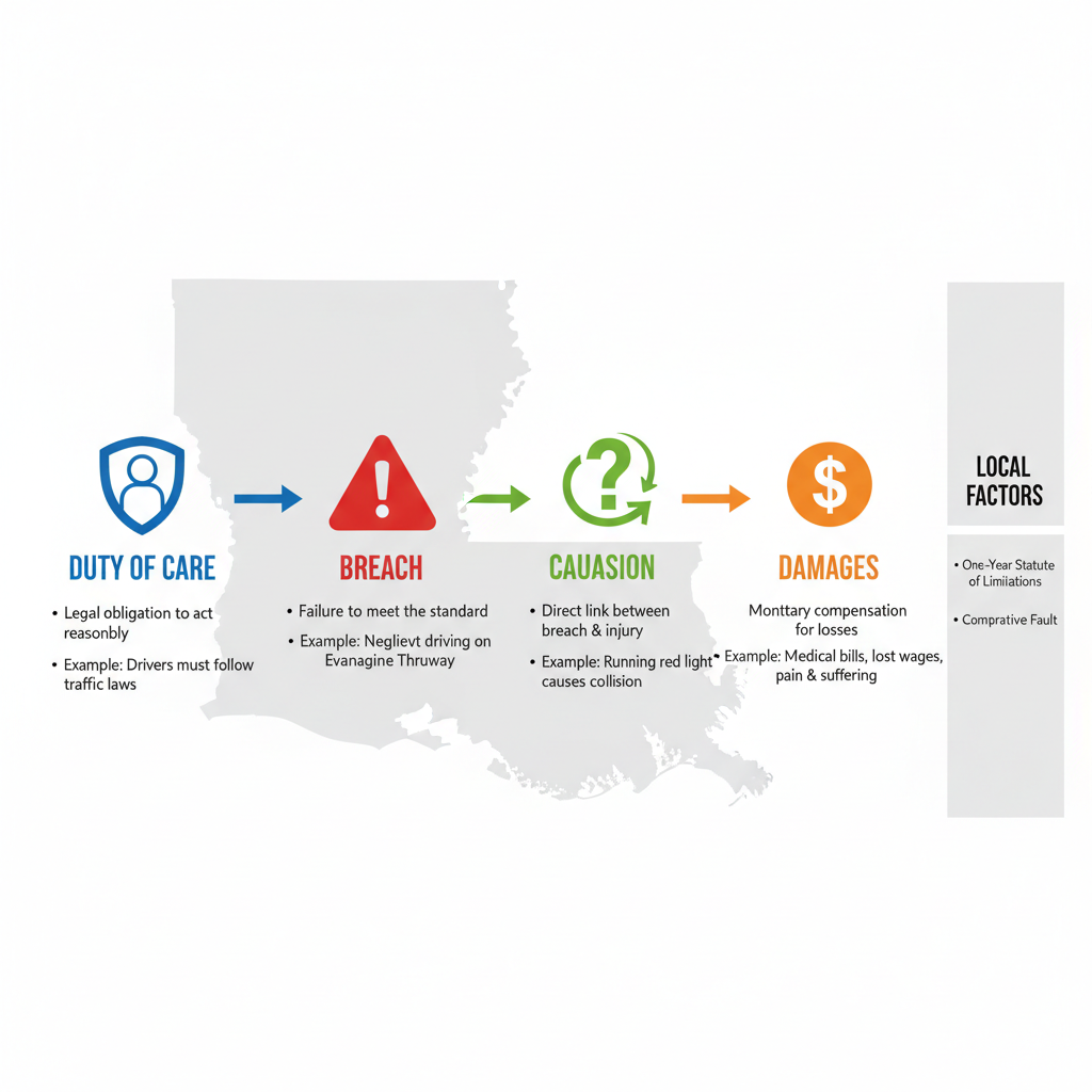 Infographic depicting the four key elements of a personal injury claim: duty of care, breach, causation, and damages under Louisiana law with Lafayette examples