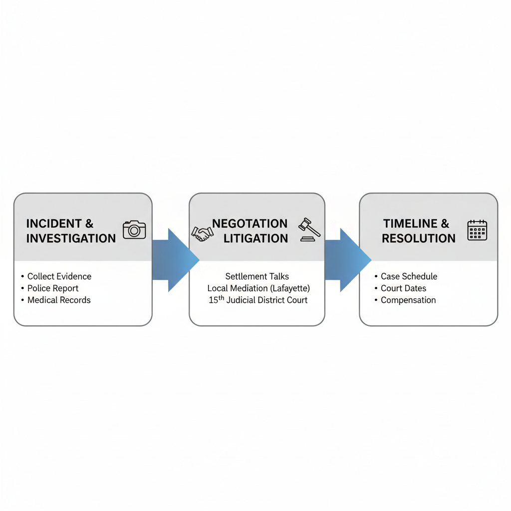 Horizontal process flow diagram of the personal injury legal process in Lafayette, featuring three stages: incident to investigation, negotiation and litigation, and timeline to resolution with icons and arrows.