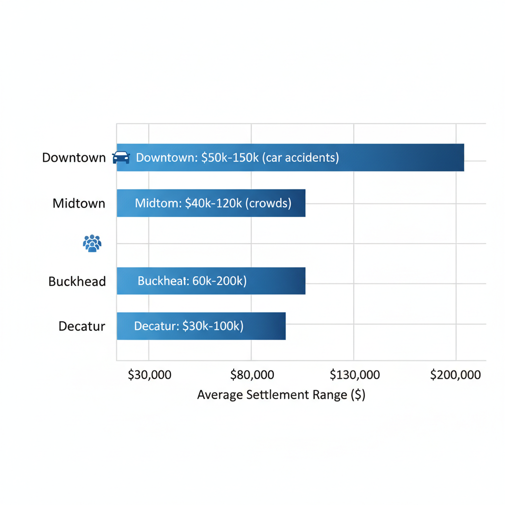 Horizontal bar chart of personal injury settlement ranges in Atlanta neighborhoods: Downtown $50k-$150k with traffic icon, Midtown $40k-$120k with crowds icon, Buckhead $60k-$200k, Decatur $30k-$100k, gradient blue bars and grid lines