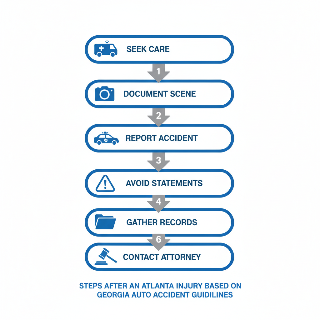 Vertical process flow diagram illustrating six essential steps to take immediately after an injury in Atlanta, including seeking medical help and contacting an attorney.