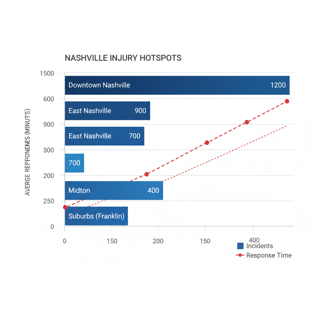 Horizontal bar chart illustrating estimated annual injury incidents in Nashville neighborhoods with response time overlay