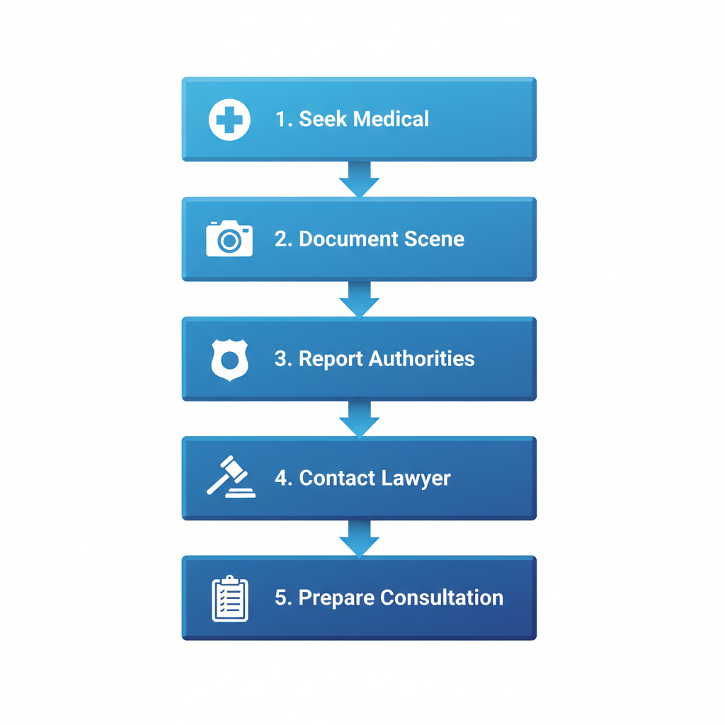 Vertical process flow diagram showing five steps to start a Nashville injury claim with icons and labels