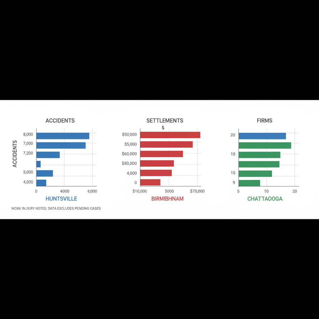 Horizontal bar chart comparing personal injury accidents, settlements, and law firms in Huntsville versus Birmingham and Chattanooga