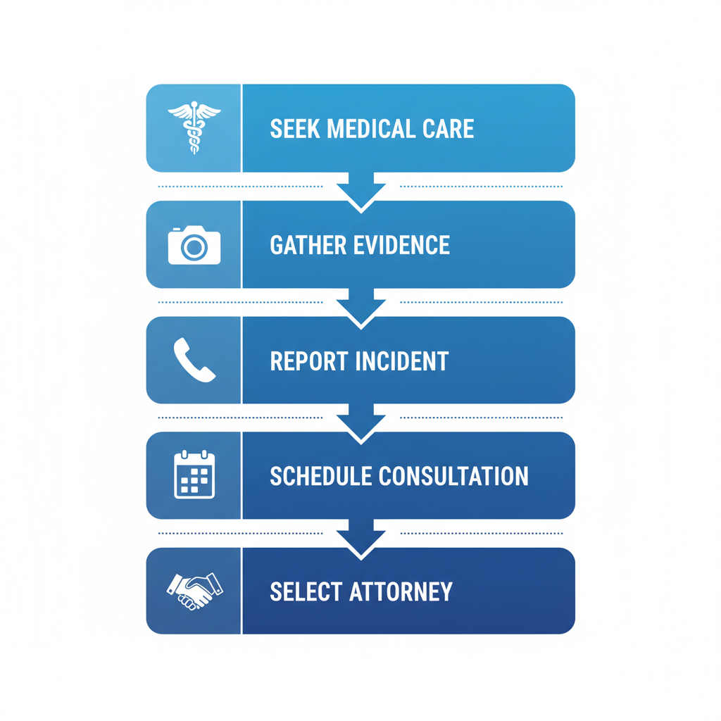 Vertical process flow diagram illustrating five steps to secure injury representation in Huntsville: seek medical care, gather evidence, report incident, schedule consultation, and select attorney.