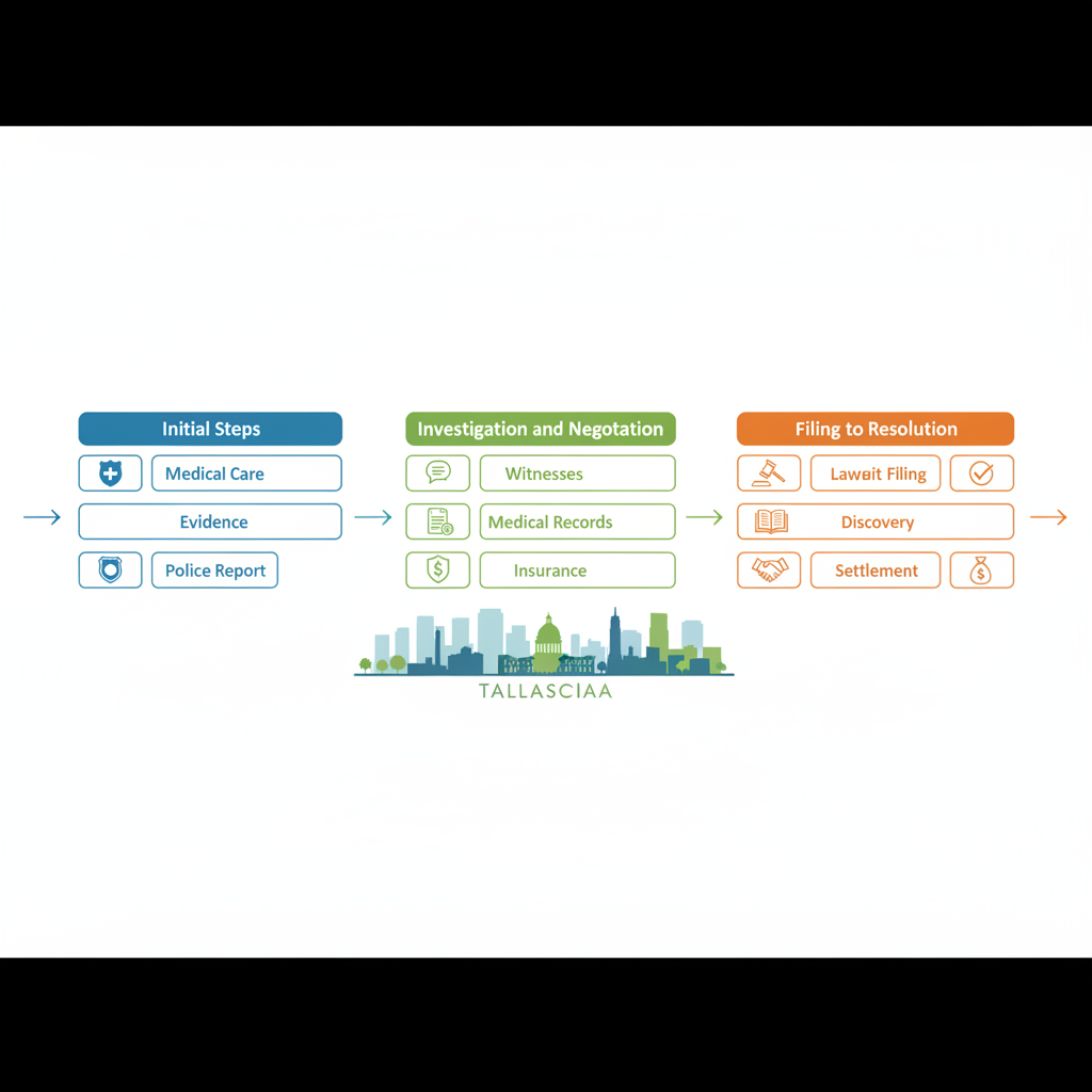 Horizontal process flow diagram illustrating the three main stages of a personal injury case in Tallahassee with icons and arrows in blue-green scheme.