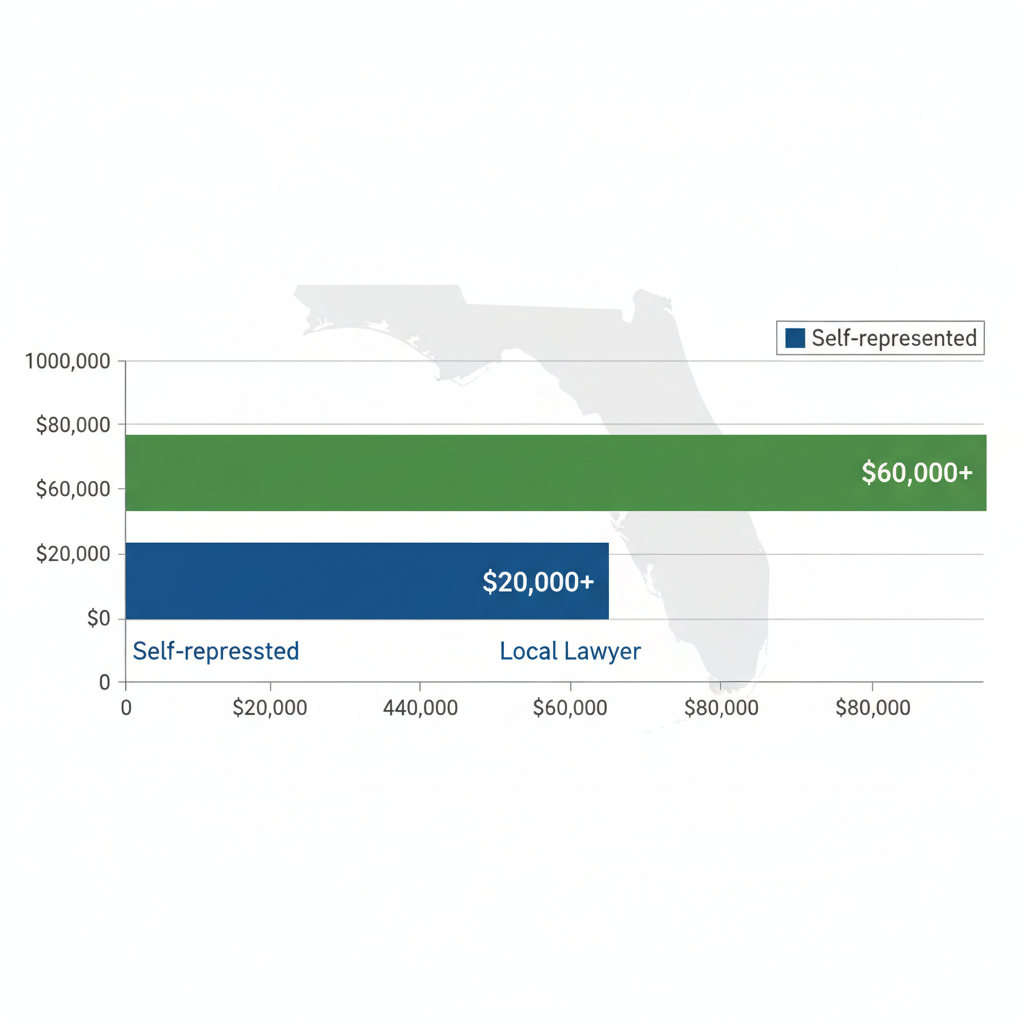 Horizontal bar chart comparing average personal injury settlement amounts in Florida with self-representation versus local lawyer.