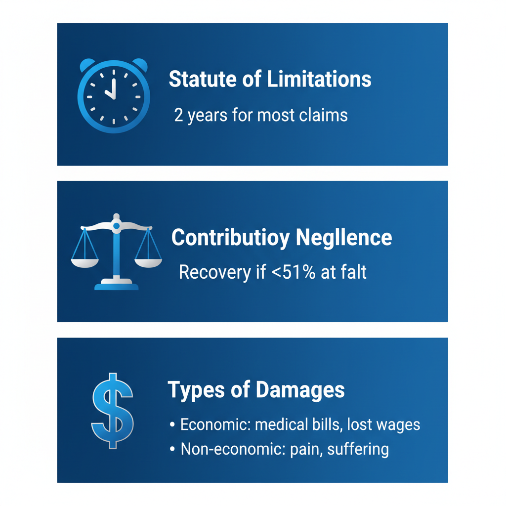Infographic illustrating key legal concepts including statute of limitations, contributory negligence, and types of damages for personal injury claims in Birmingham