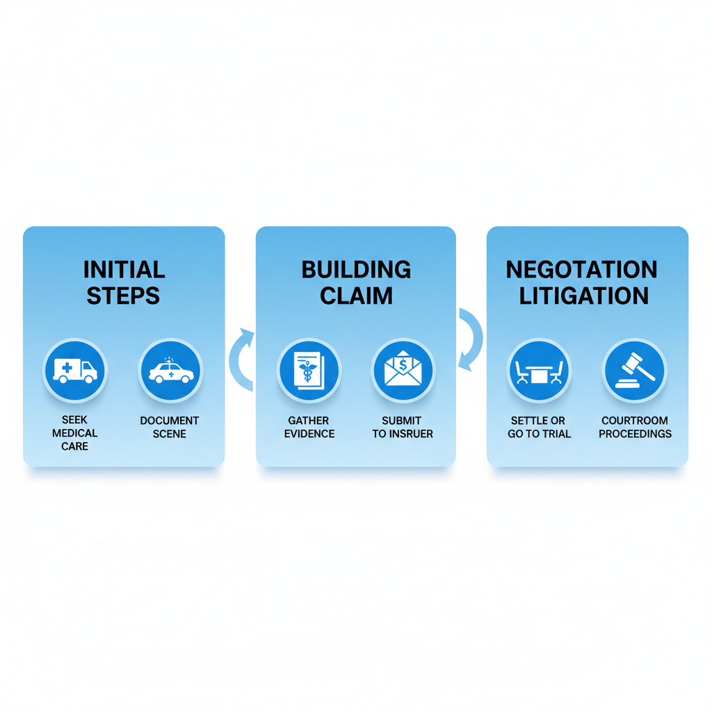 Horizontal process flow diagram of the three main stages in the personal injury legal process in North Carolina