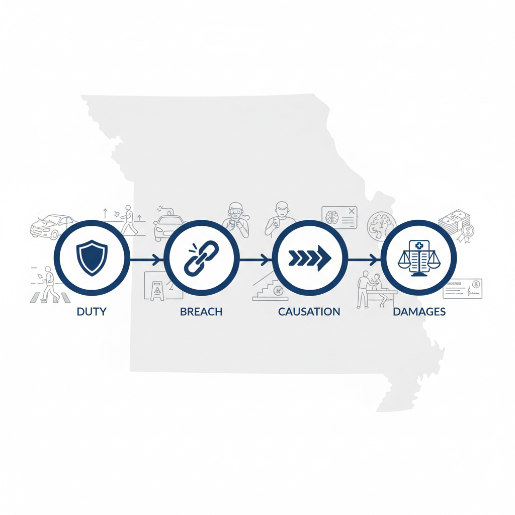 Infographic showing four key elements of personal injury claims: duty of care, breach, causation, and damages, with St. Louis examples.