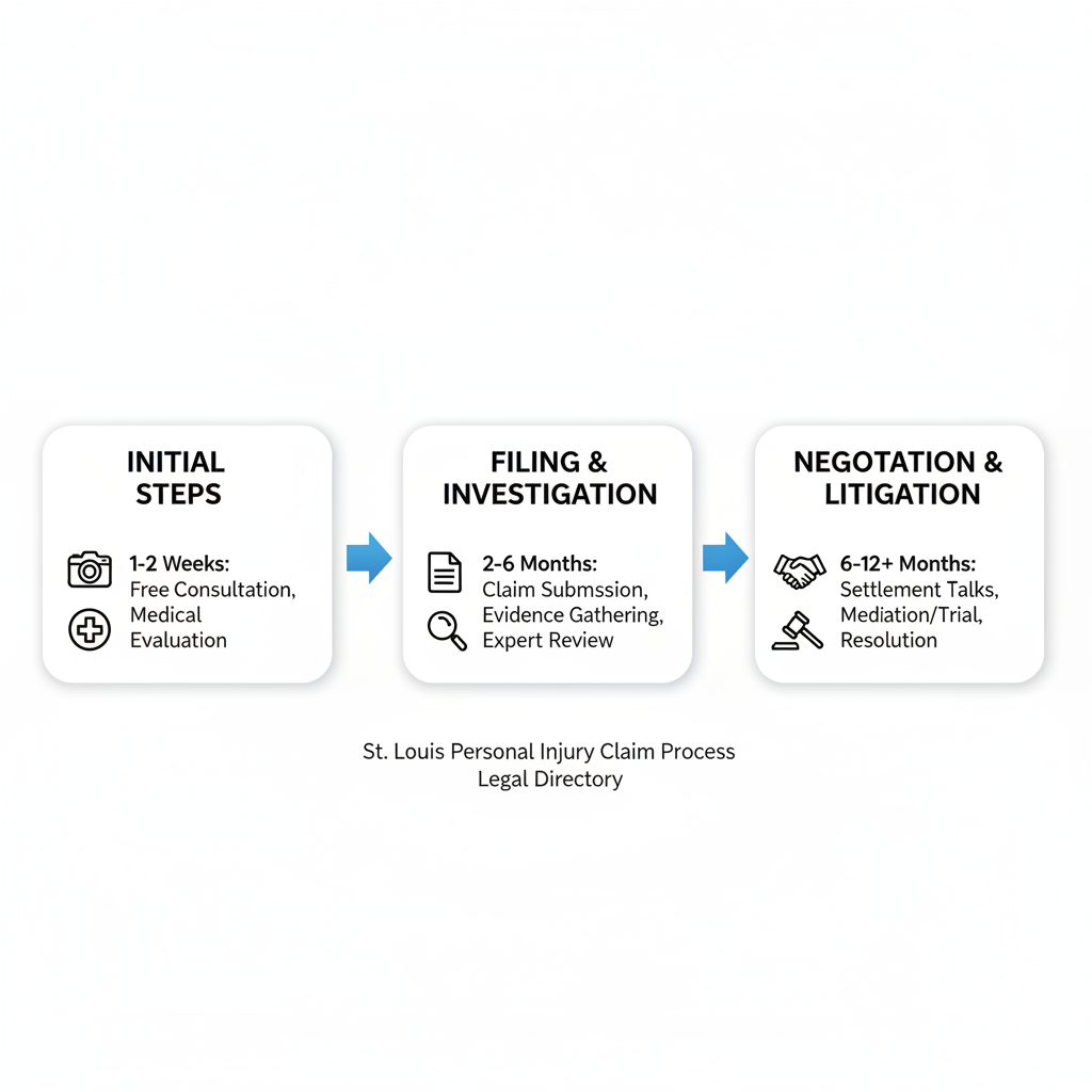 Horizontal process flow diagram of the three main phases in a personal injury claim process in St. Louis, featuring icons for each stage