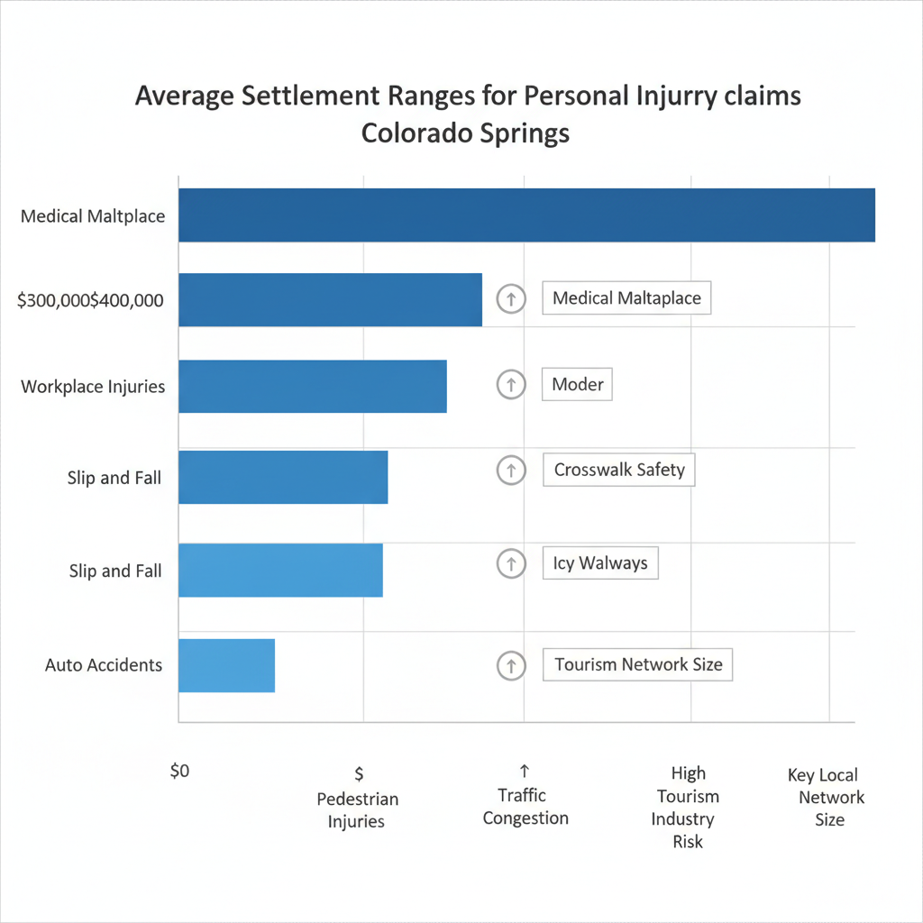 Horizontal bar chart depicting average settlement ranges for various personal injury claim types in Colorado Springs, including auto accidents, pedestrian injuries, slip and fall, workplace injuries, and medical malpractice.