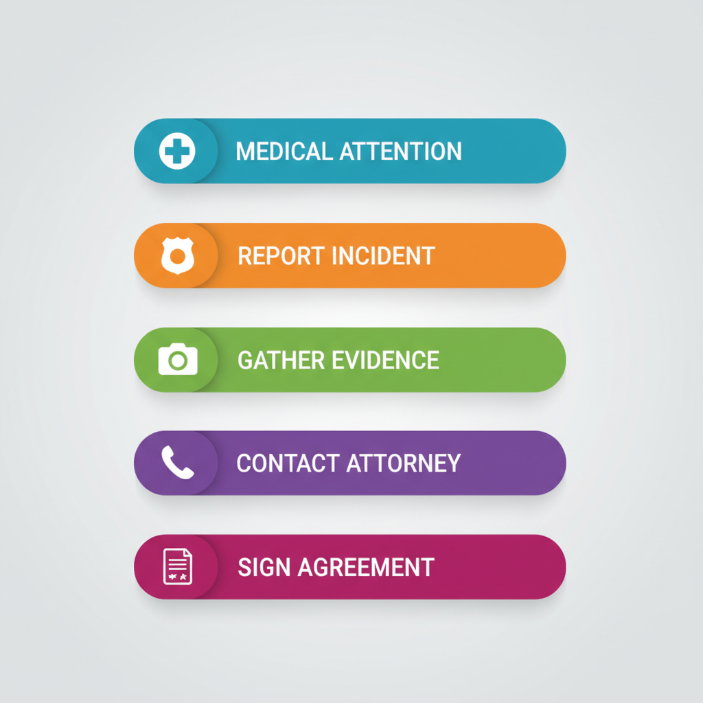 Vertical process flow diagram illustrating five key steps to secure personal injury representation in Colorado Springs