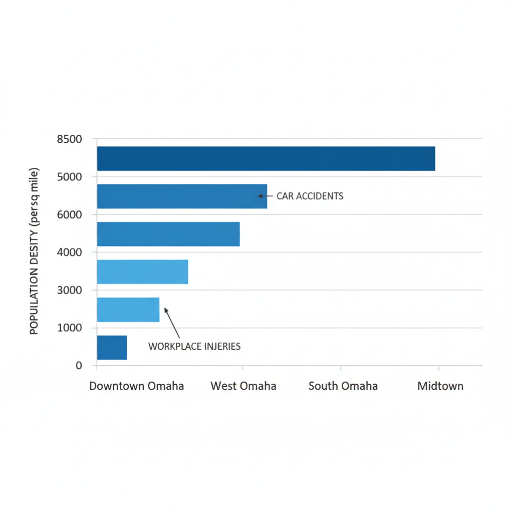 Horizontal bar chart of personal injury hotspots by Omaha neighborhoods showing population density and common injury types