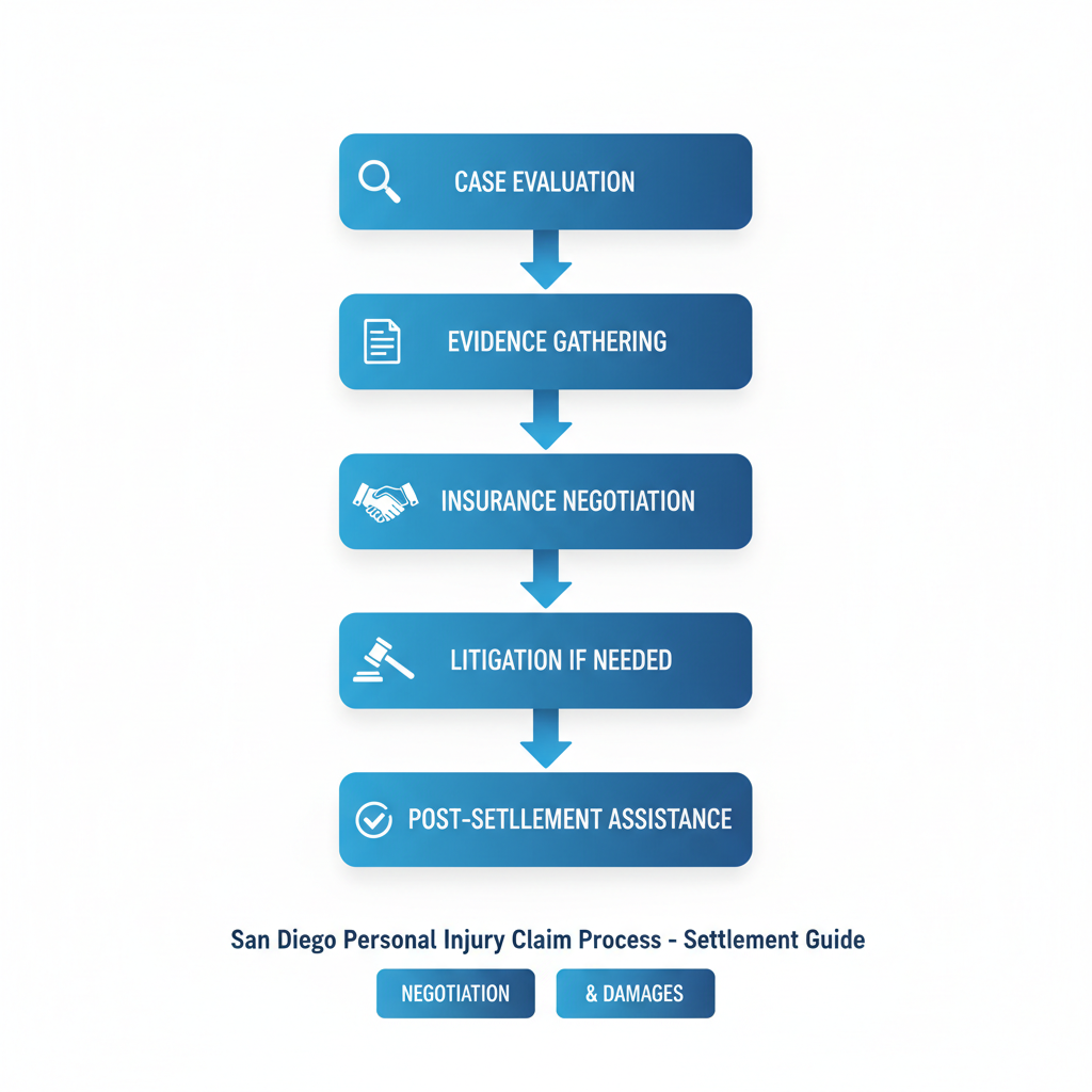 Vertical process flow diagram illustrating five stages of personal injury services in San Diego: case evaluation, evidence gathering, insurance negotiation, litigation if needed, and post-settlement assistance.