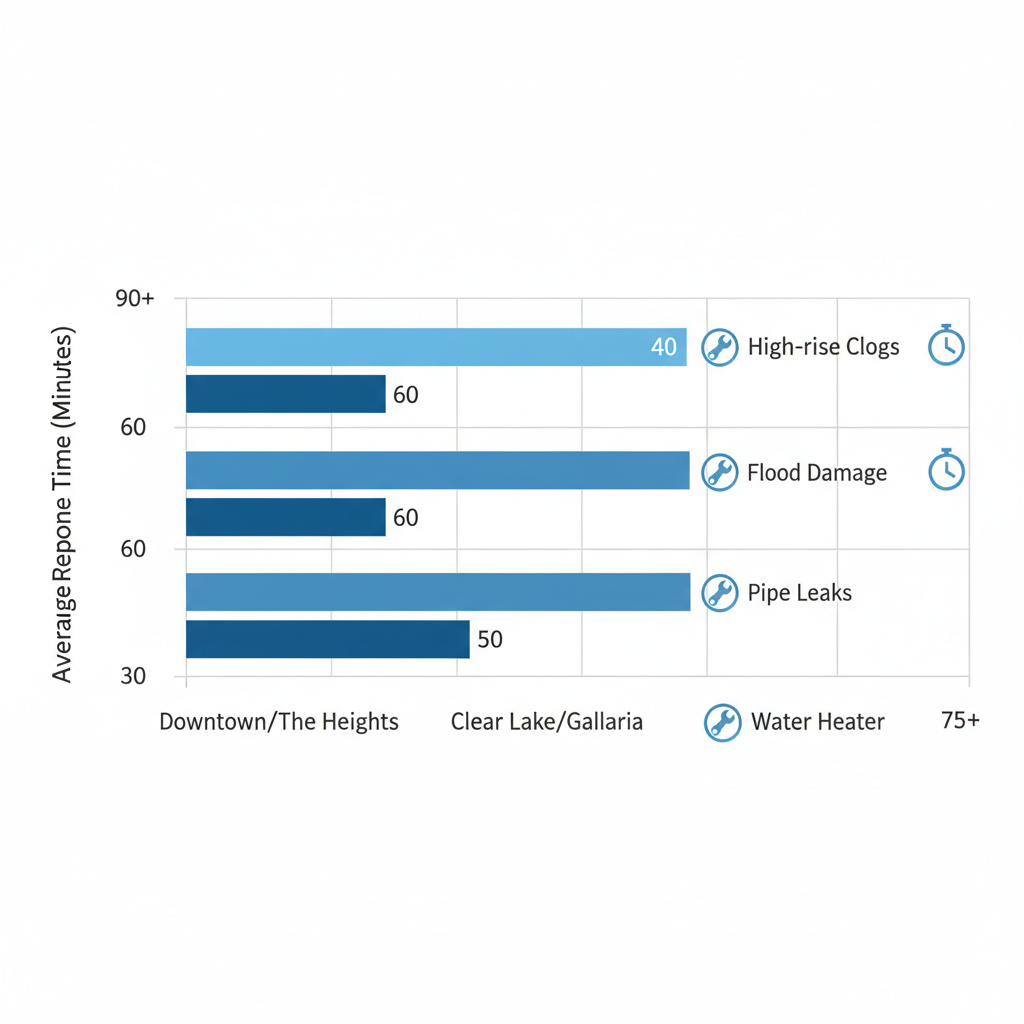 Horizontal bar chart comparing average plumbing response times in various Houston neighborhoods with issue labels and service icons
