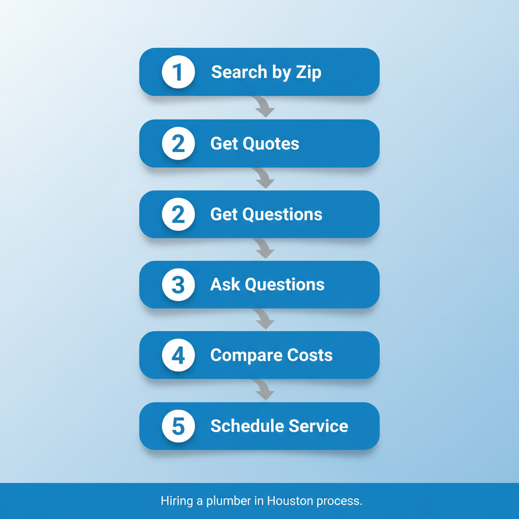 Vertical process flow diagram illustrating steps to hire a plumber in Houston