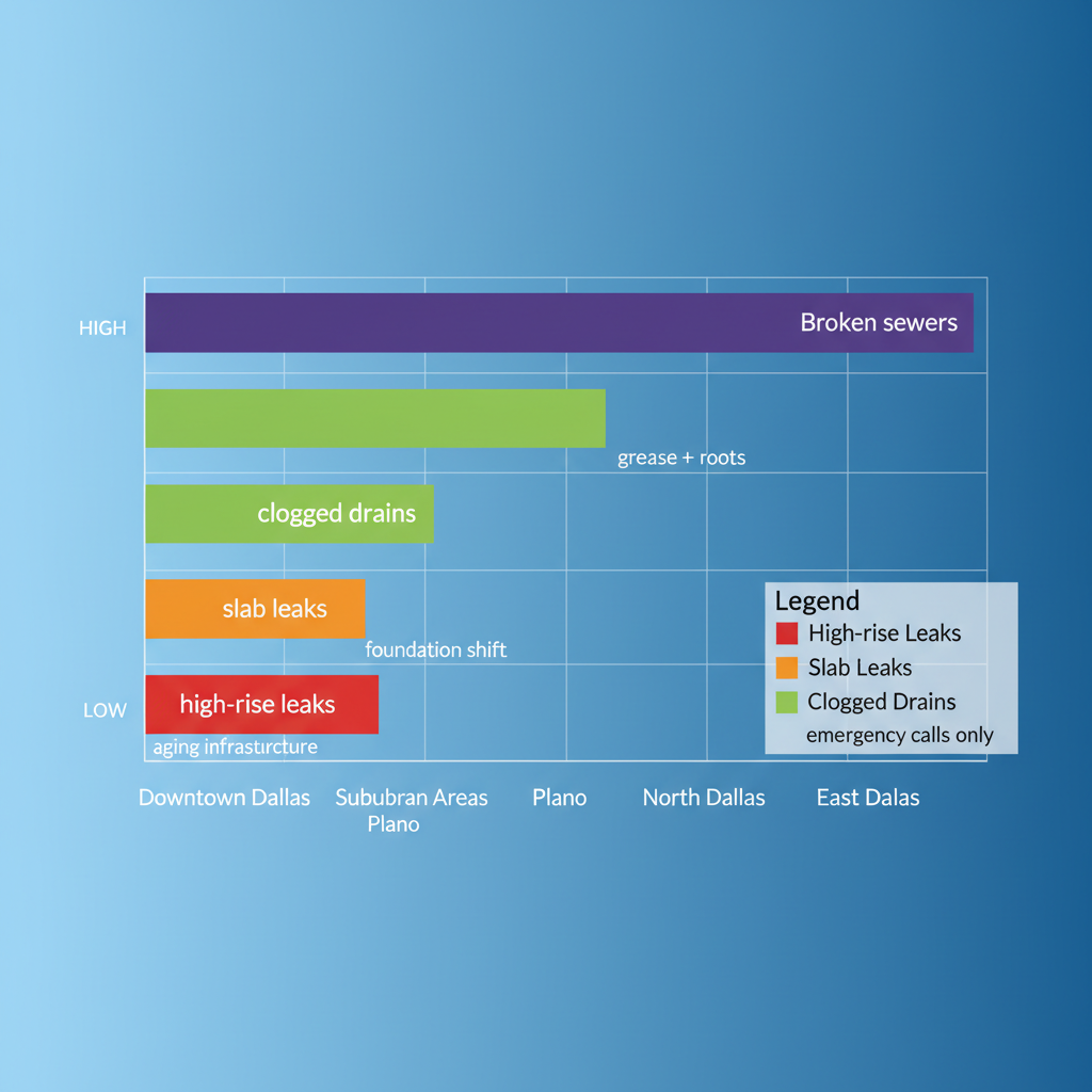 Bar chart comparing frequency of plumbing issues across Dallas neighborhoods including leaks, clogs, and sewer problems.