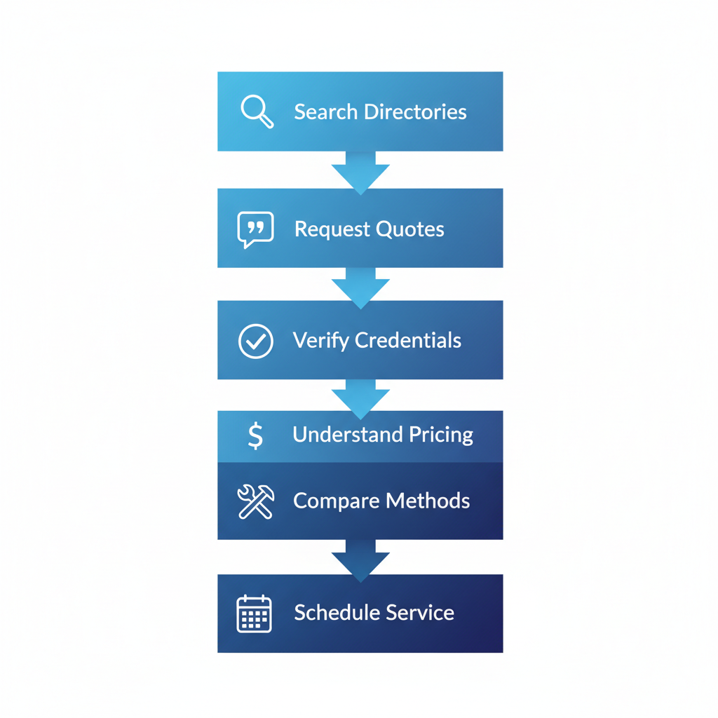Vertical process flow diagram illustrating the steps to connect with and hire Dallas plumbers