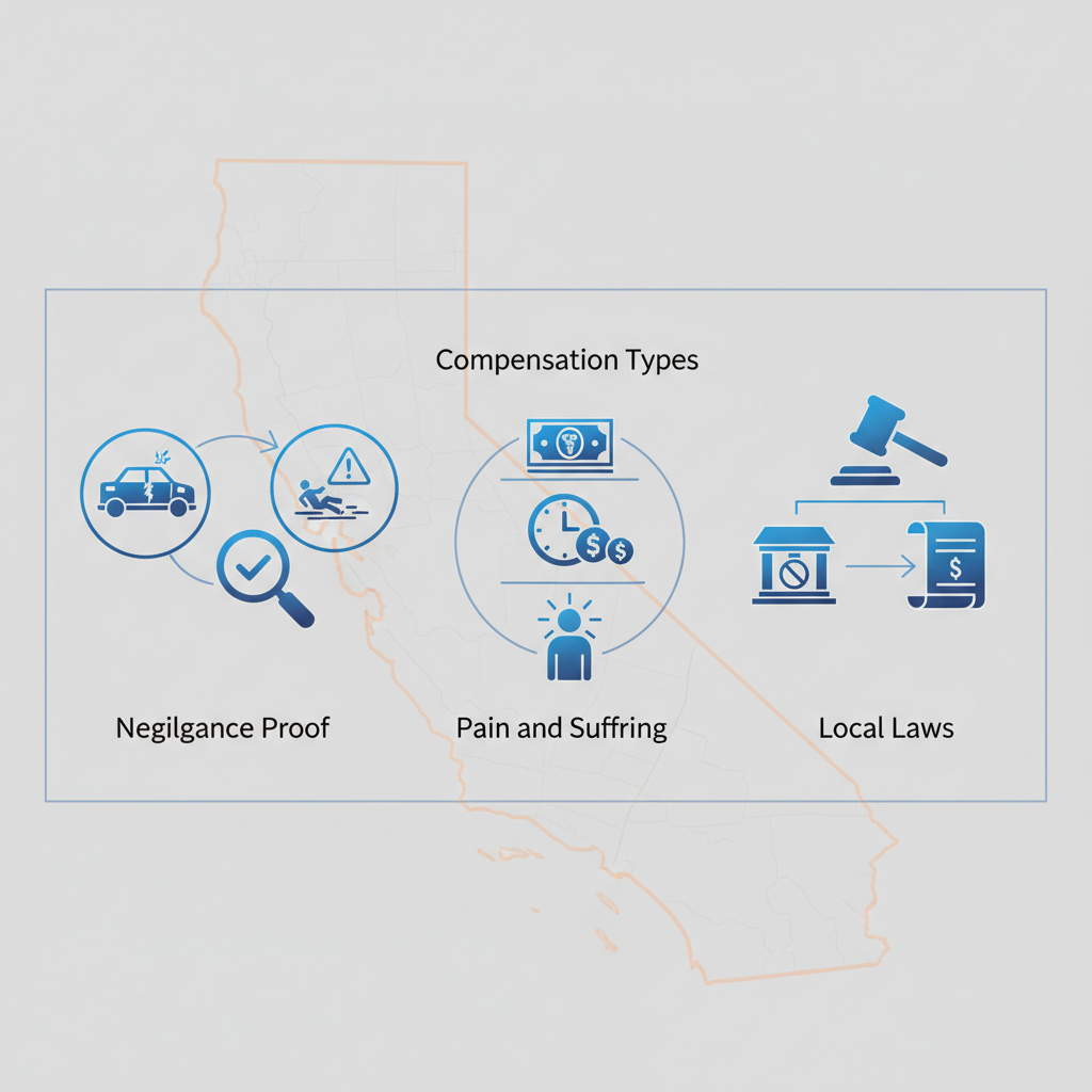 Infographic illustrating key elements of personal injury cases in Irvine including negligence, compensation, and local laws