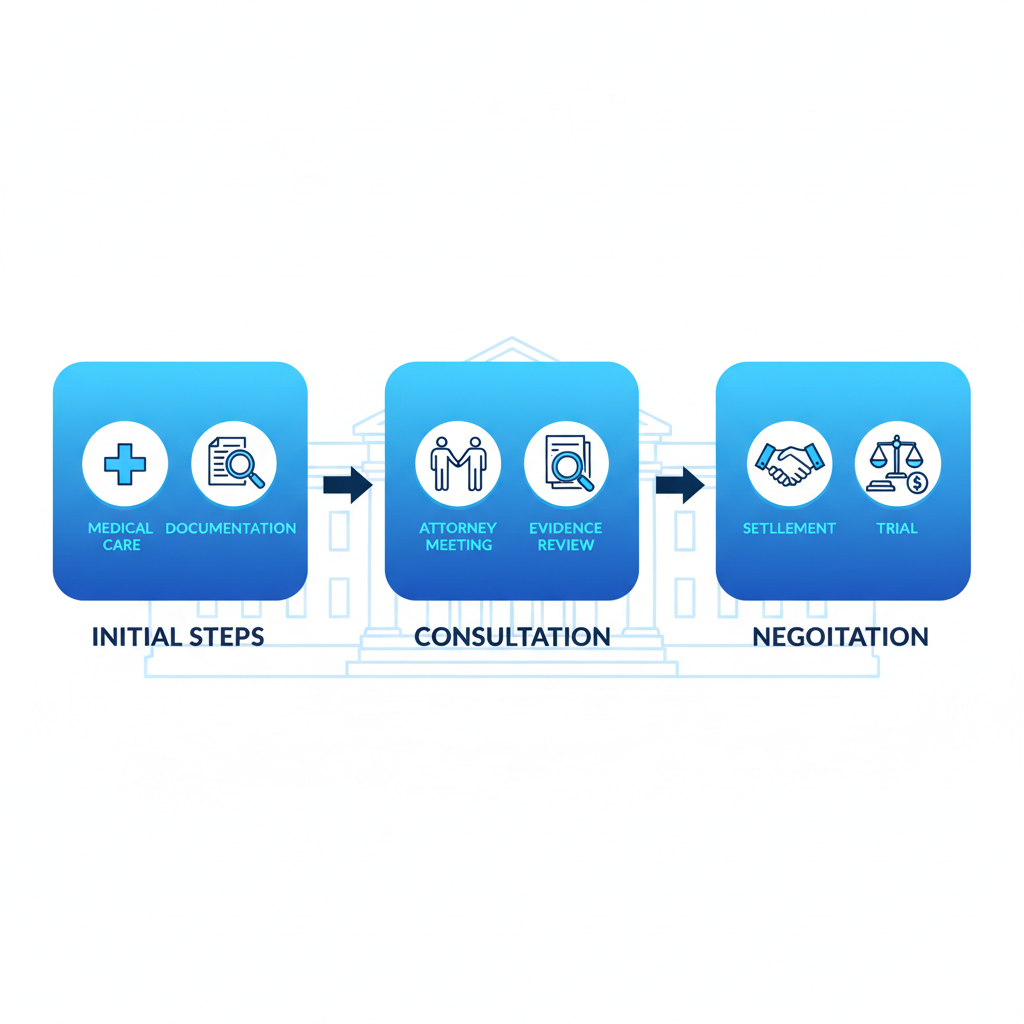 Horizontal process flow diagram of the personal injury claim process in Irvine with three stages: initial steps, consultation, and negotiation.