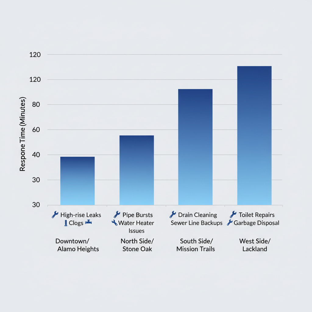Bar chart comparing average plumber response times and common issues in four San Antonio neighborhoods