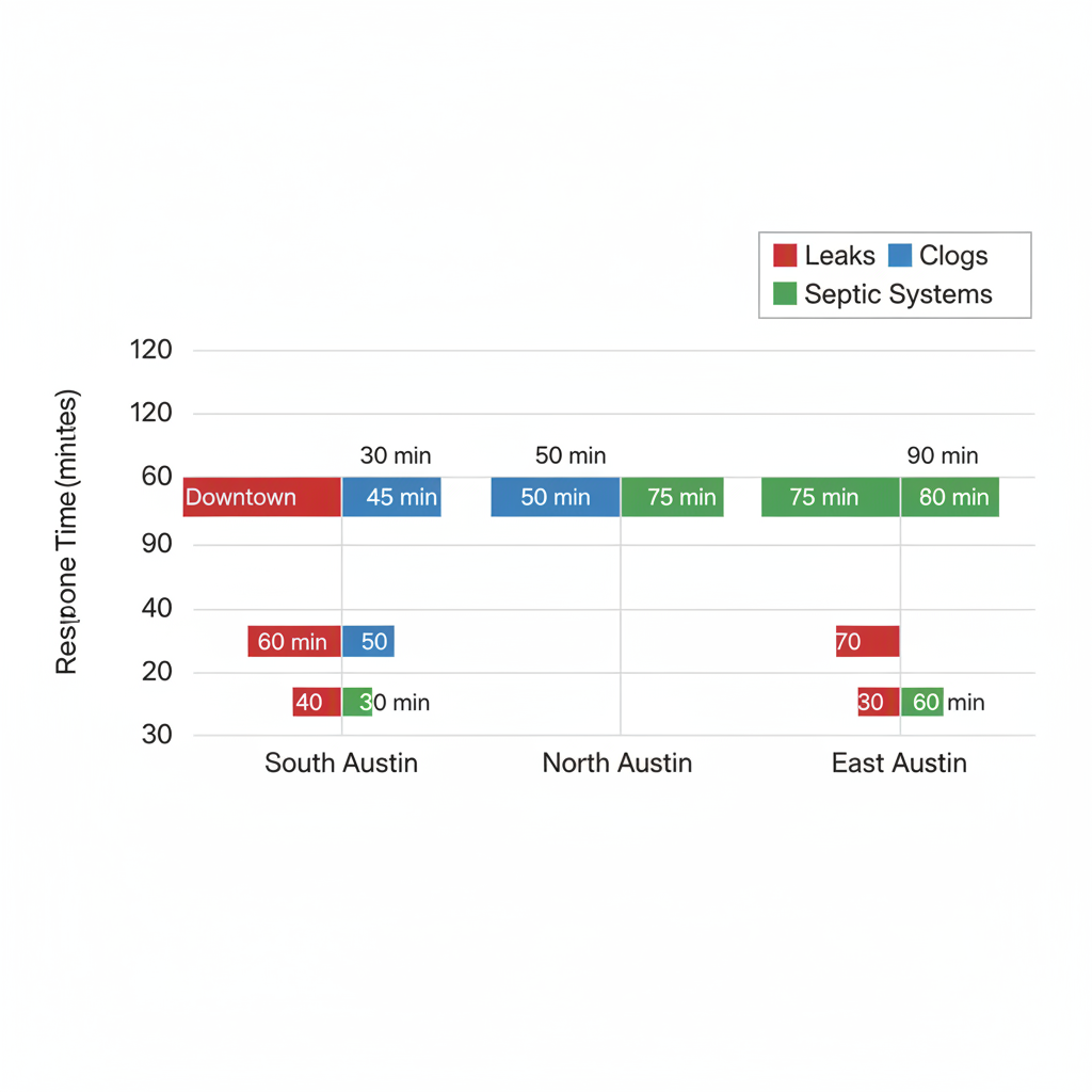 Horizontal bar chart comparing plumbing response times by issue type across Austin neighborhoods