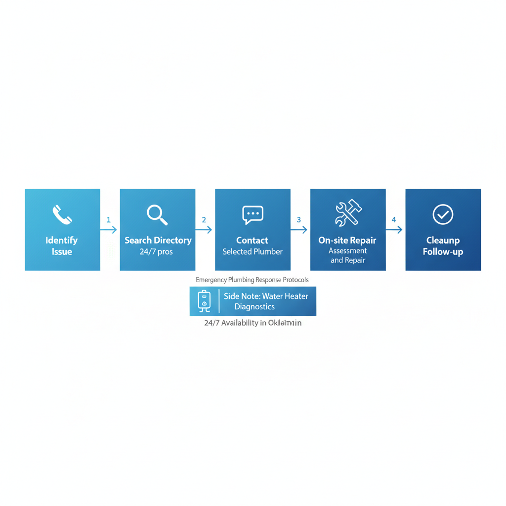 Horizontal process flow diagram outlining five steps for emergency plumbing response in Oklahoma City with icons and connections