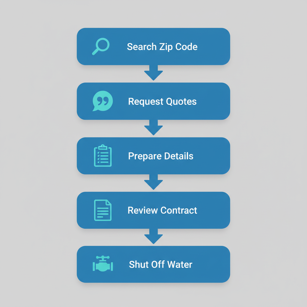 Vertical process flow diagram showing five steps to hire a plumber in Austin with icons and brief labels