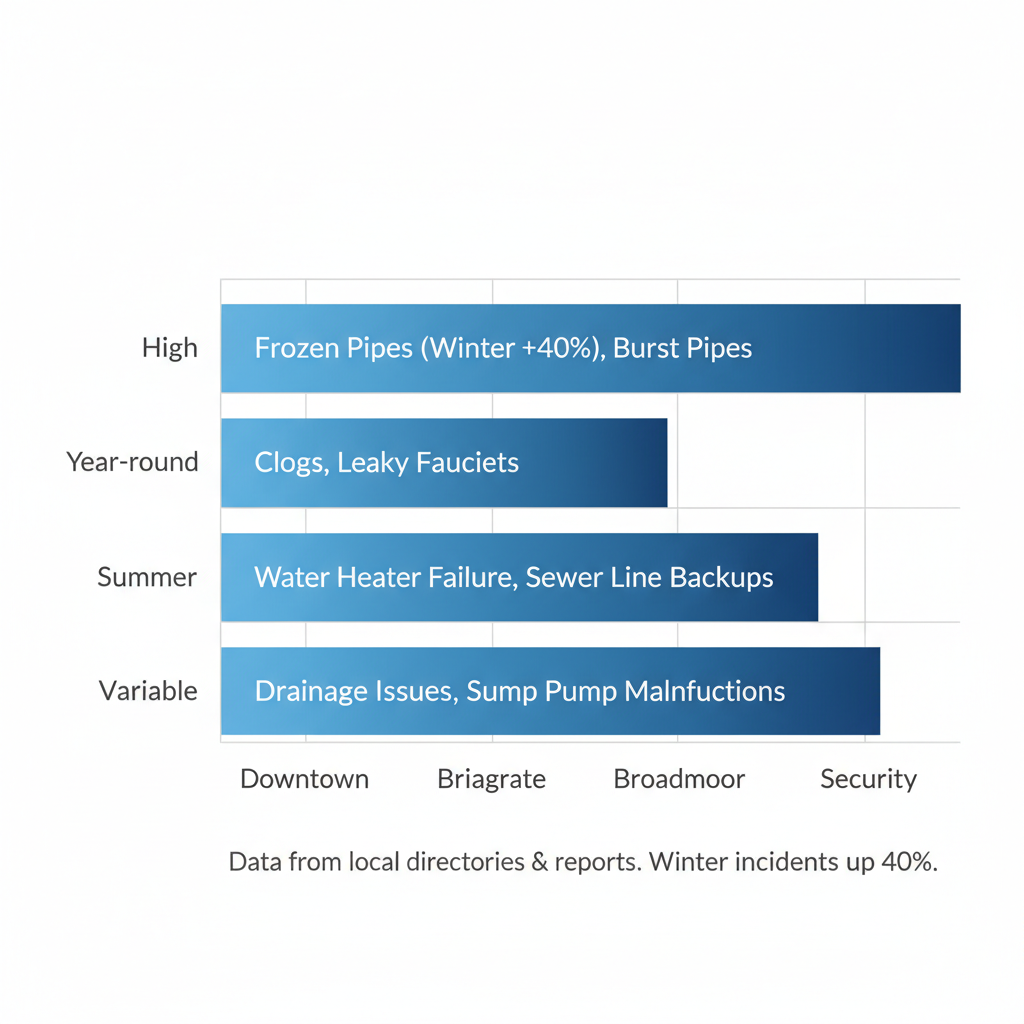 Horizontal bar chart comparing frequency of plumbing challenges in Colorado Springs neighborhoods including Downtown, Briargate, Broadmoor, and Security with issue labels.