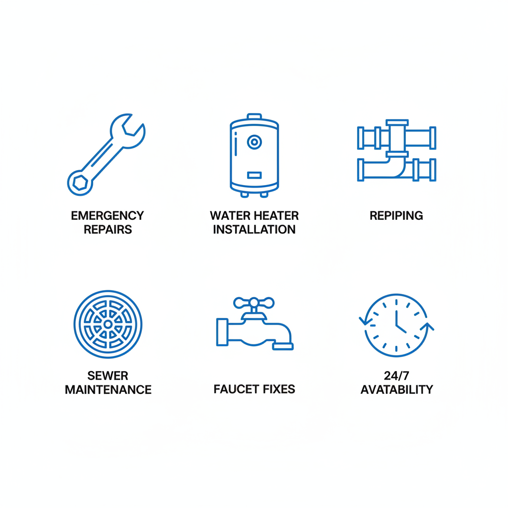 Grid of icons depicting emergency repairs, water heater installation, repiping, sewer maintenance, faucet fixes, and 24/7 availability for plumbing services.