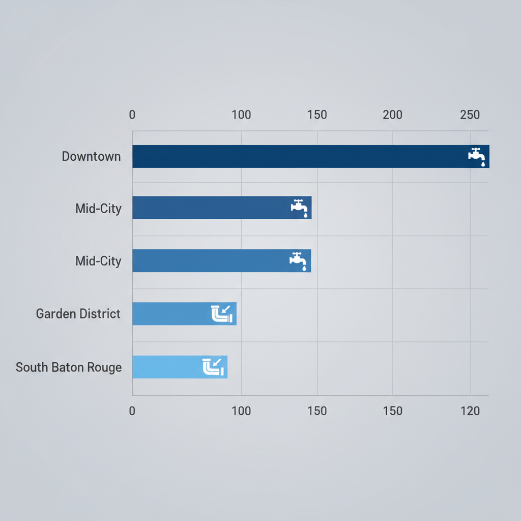 Horizontal bar chart comparing annual plumbing service calls across Baton Rouge neighborhoods with icons for common issues