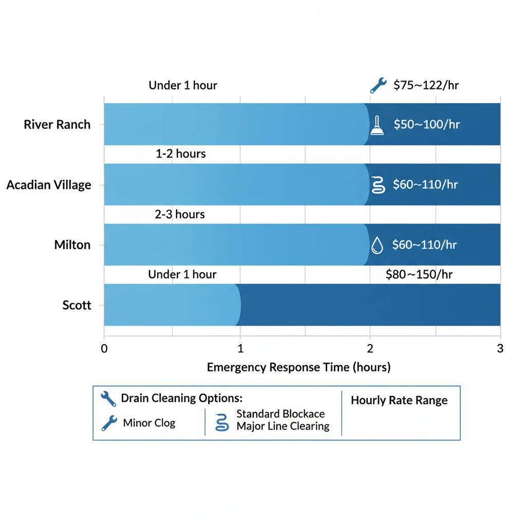Horizontal bar chart comparing emergency response times, drain cleaning options, and hourly rates for plumbing services in Lafayette neighborhoods: River Ranch, Acadian Village, Milton, and Scott