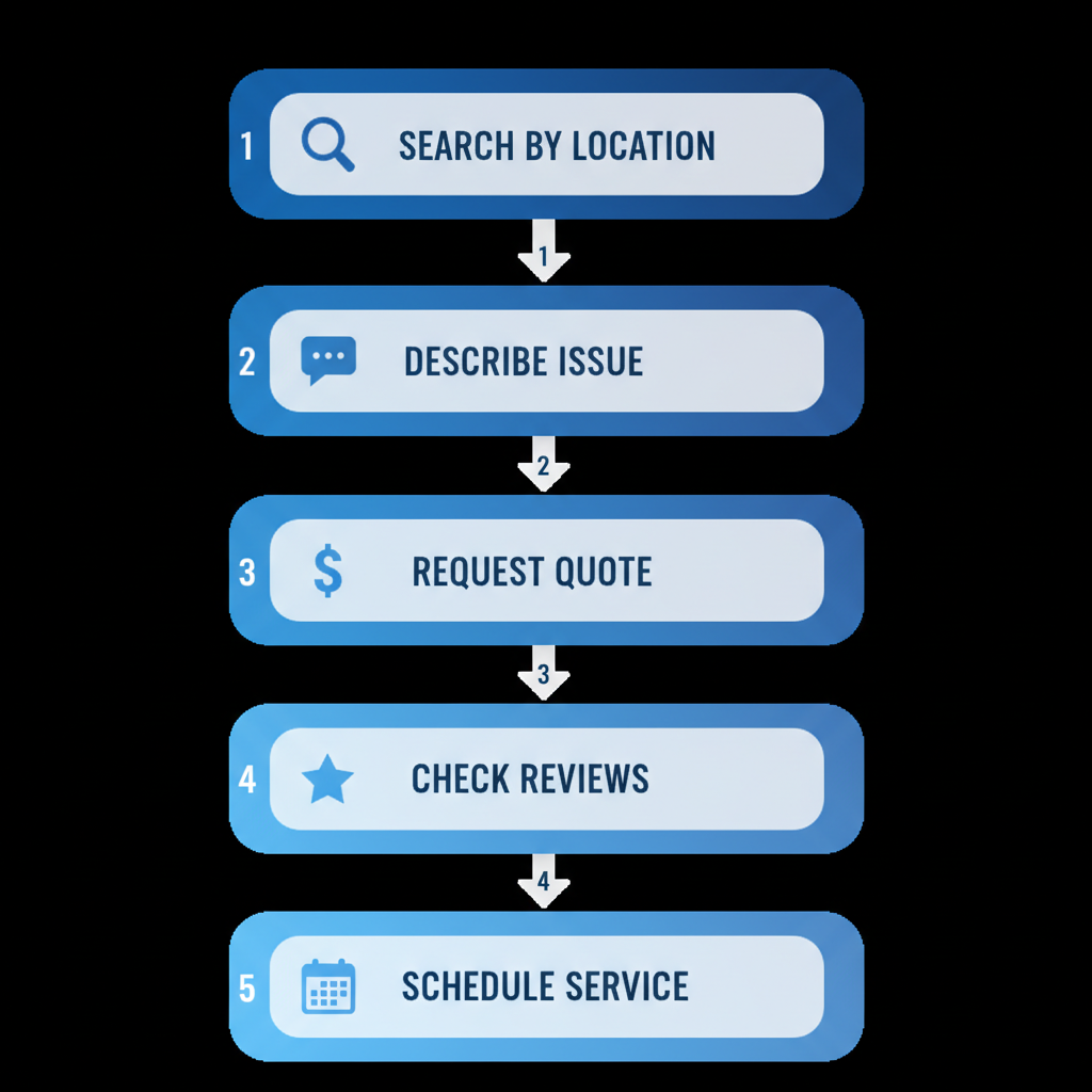 Vertical process flow diagram showing five steps to connect with Lafayette plumbers: search by location, describe issue, request quote, check reviews, and schedule service, with icons and arrows.