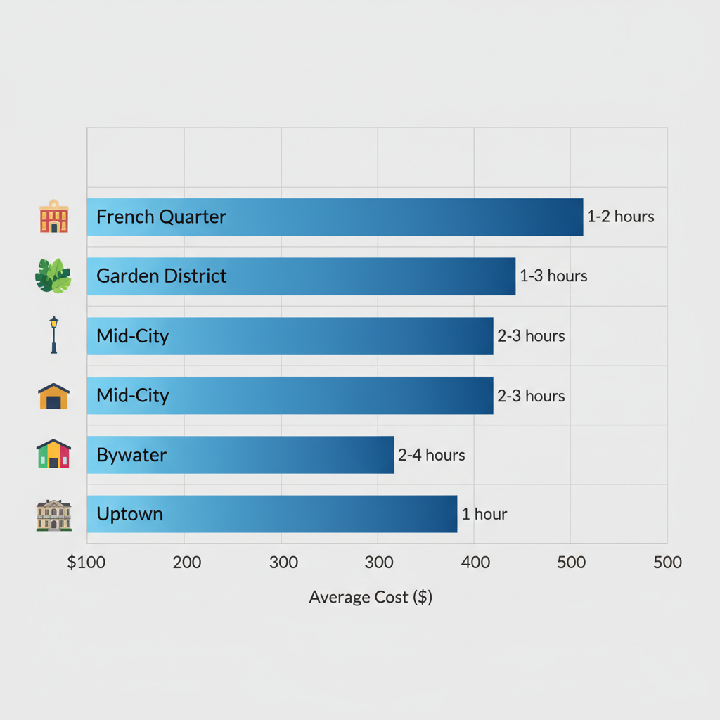 Horizontal bar chart comparing emergency plumbing costs and response times by New Orleans neighborhoods