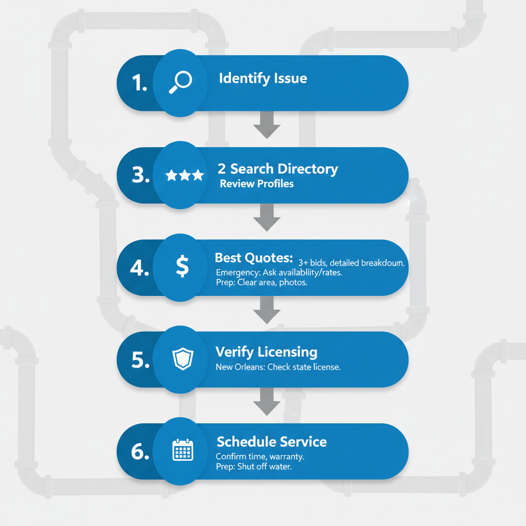 Vertical process flow diagram showing six steps to hire a plumber in New Orleans with icons and connections