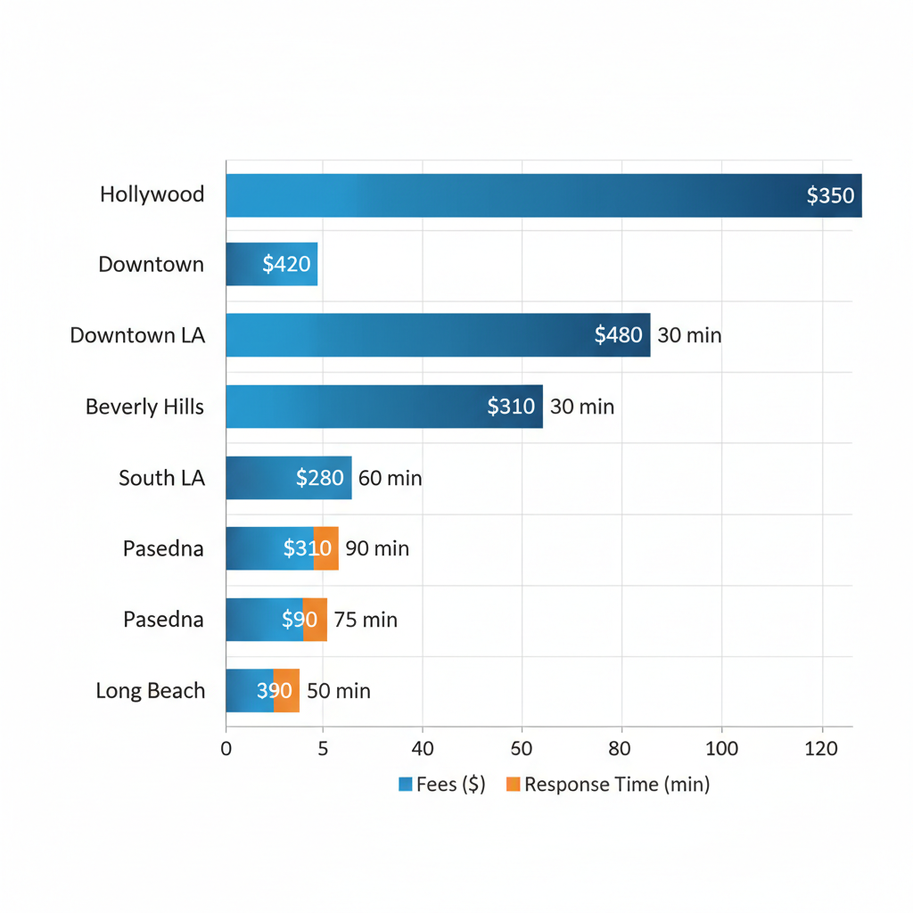 Horizontal bar chart comparing average plumbing callout fees and emergency response times across six Los Angeles neighborhoods: Hollywood, Downtown LA, Beverly Hills, South LA, Pasadena, and Long Beach