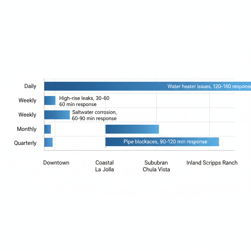Horizontal bar chart showing plumbing service frequencies and challenges by San Diego neighborhoods, including response times.