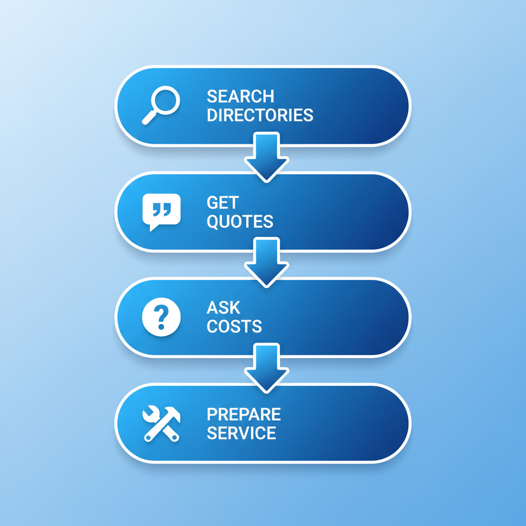 Vertical process flow diagram illustrating steps to hire a plumber in Los Angeles with icons for search, quotes, costs, and preparation.