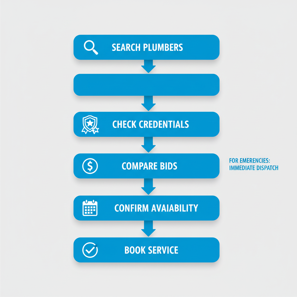 Vertical process flow diagram illustrating five steps to hire a plumber in San Diego with icons and minimal labels