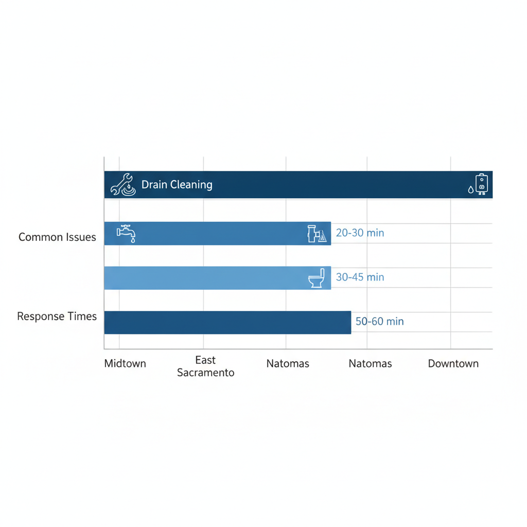 Horizontal bar chart comparing plumbing issues and response times across Sacramento neighborhoods including Midtown, East Sacramento, Natomas, and Downtown